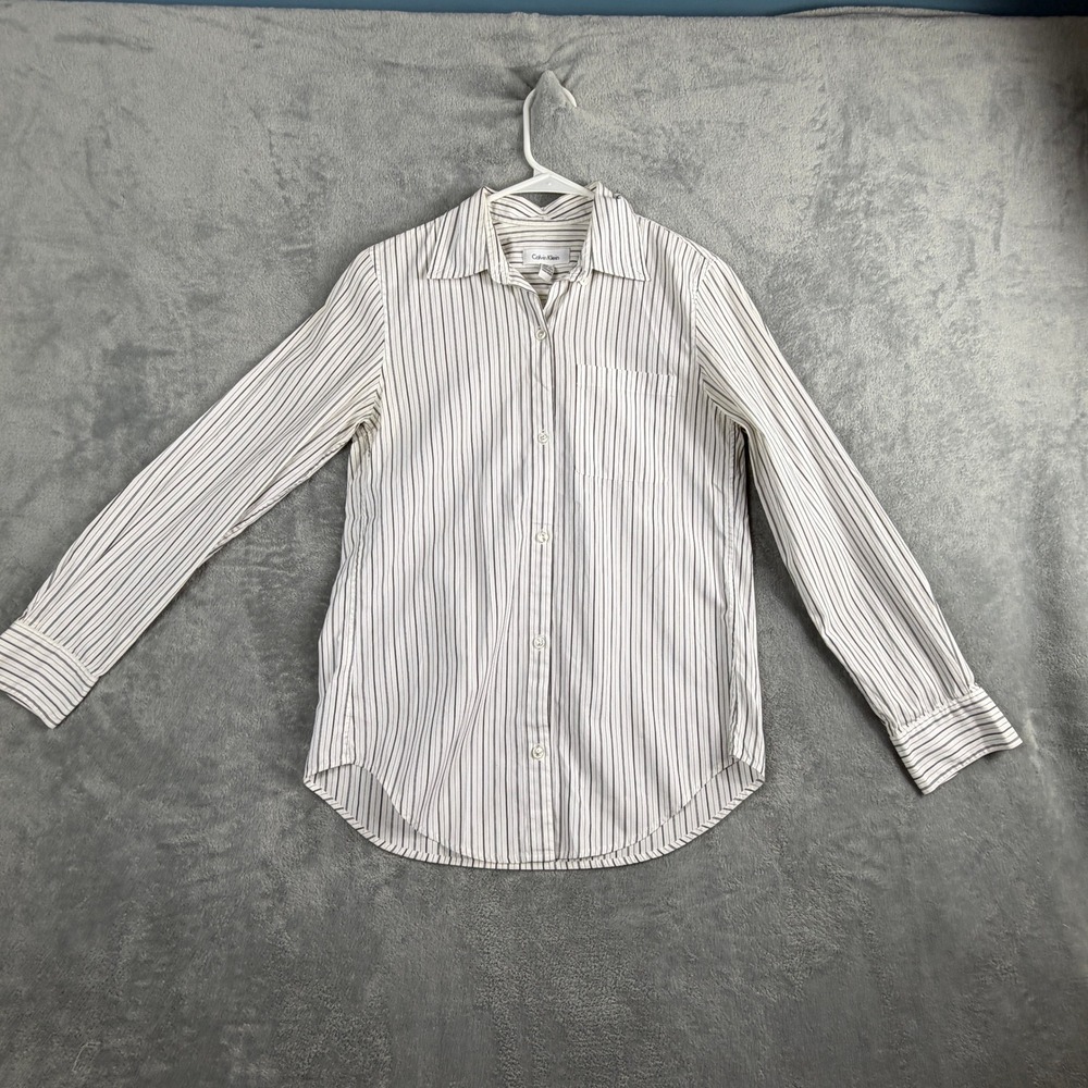 Calvin Klein Womens 4 White Black Pinstripe Button Down Shirt Office Siren